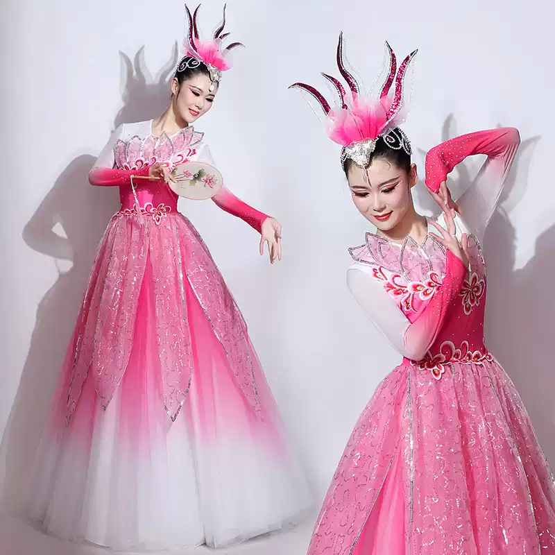 Women chinese folk dance dress opening pink green blue petals flamenco dance dresses spanish bull dance swing skirts modern dance long gown